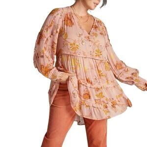 Anthropologie Sheer Ruffled Tunic Blouse Women’s Size 1X Plus Floral Lightweight